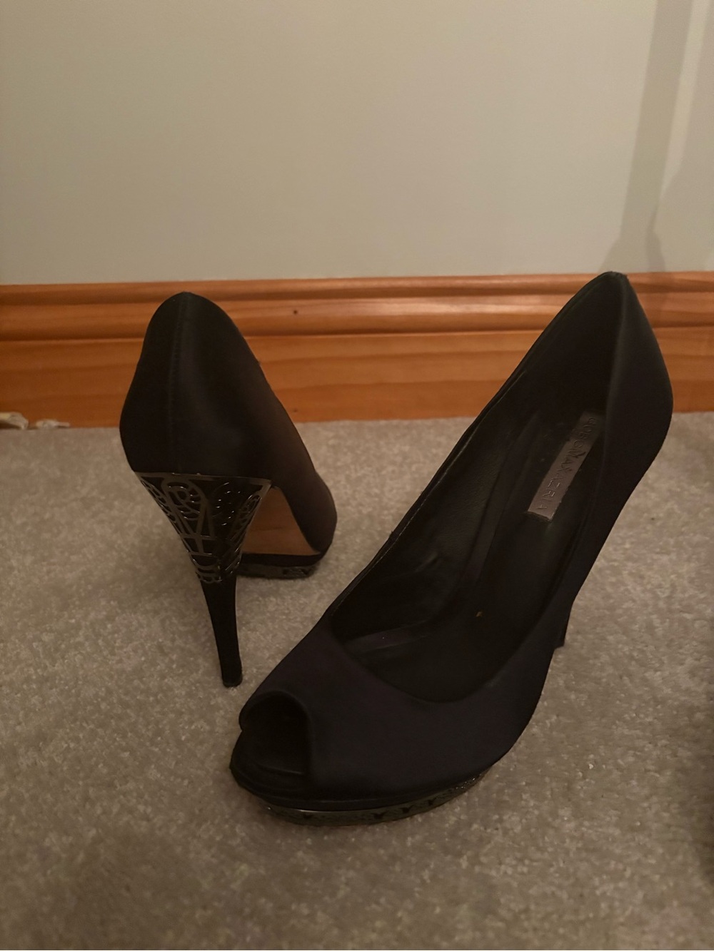 BCBGMaxAzria Black Peep-Toe Pumps with Decorative Metallic Heel